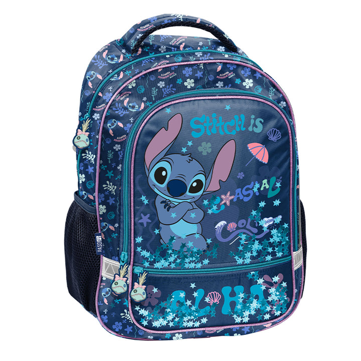 Stitch Paso School Set, Backpack with two compartments, reflective elements, and a padded back panel; pencil case (empty) with pencil holders; shoe bag that can be worn on the back, DS26XX