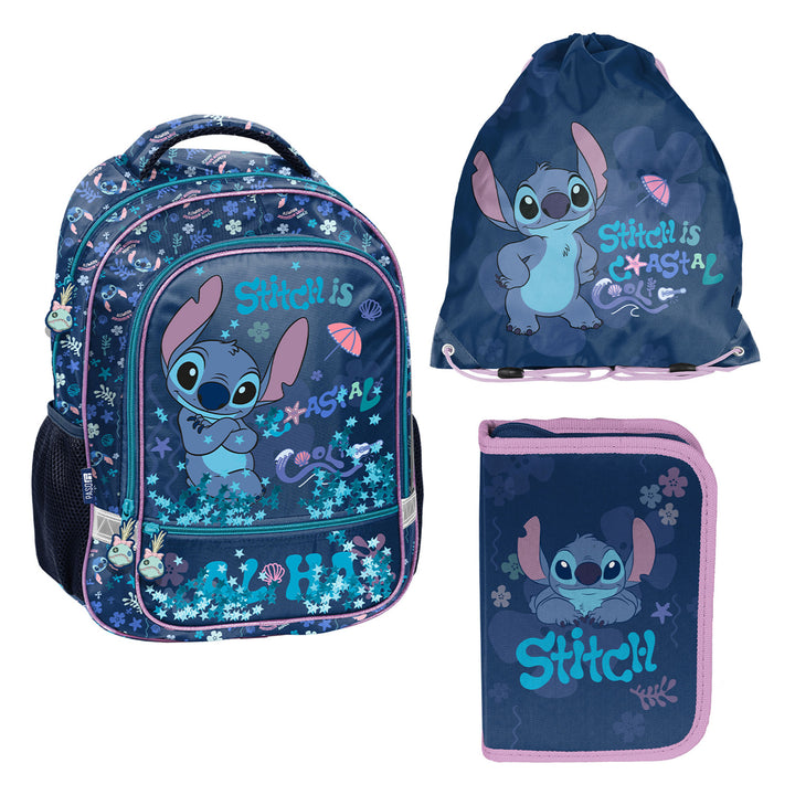 Stitch Paso School Set, Backpack with two compartments, reflective elements, and a padded back panel; pencil case (empty) with pencil holders; shoe bag that can be worn on the back, DS26XX
