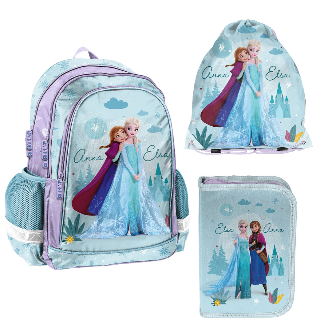 Frozen Paso School Set, backpack with two compartments, adjustable shoulder straps, and a padded back panel; pencil case with accessories and holders for school supplies; shoe bag that can be worn on the back; DF26AA