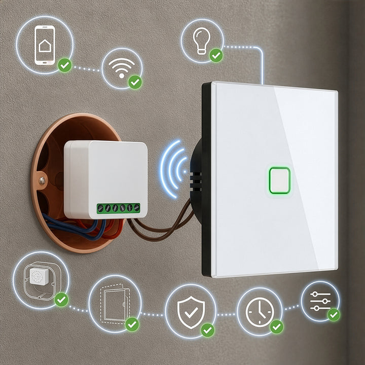 GreenBlue Flush-Mount WiFi Relay, Android/iOS/Alexa/Google Home, 100–240 V AC, 50/60 Hz, max. 16 A, for 150 W LEDs, GB739, 2 pieces