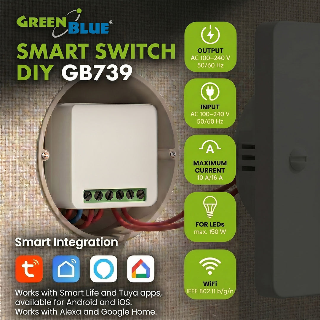 GreenBlue Flush-Mount WiFi Relay, Android/iOS/Alexa/Google Home, 100–240 V AC, 50/60 Hz, max. 16 A, for 150 W LEDs, GB739, 2 pieces