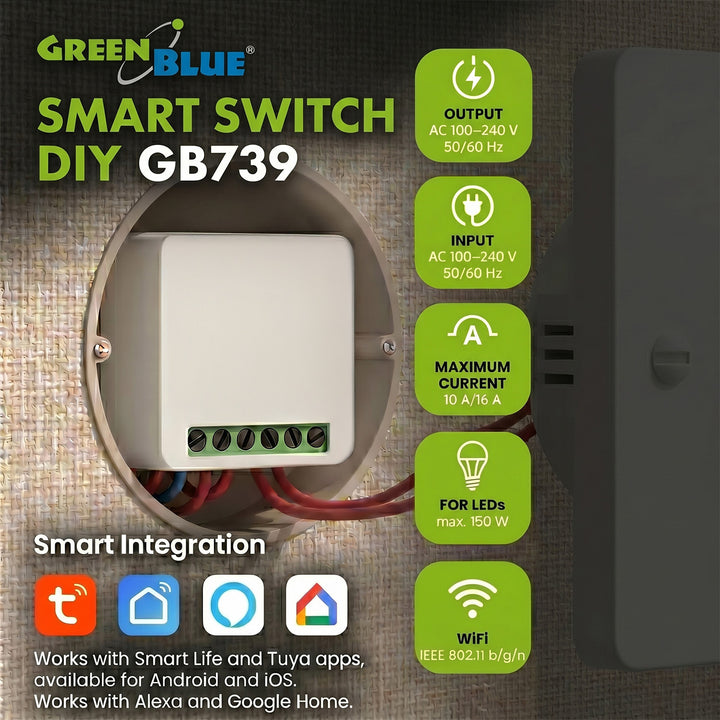 GreenBlue Flush-Mount WiFi Relay, Android/iOS/Alexa/Google Home, 100–240 V AC, 50/60 Hz, max. 16 A, for 150 W LEDs, GB739, 2 pieces
