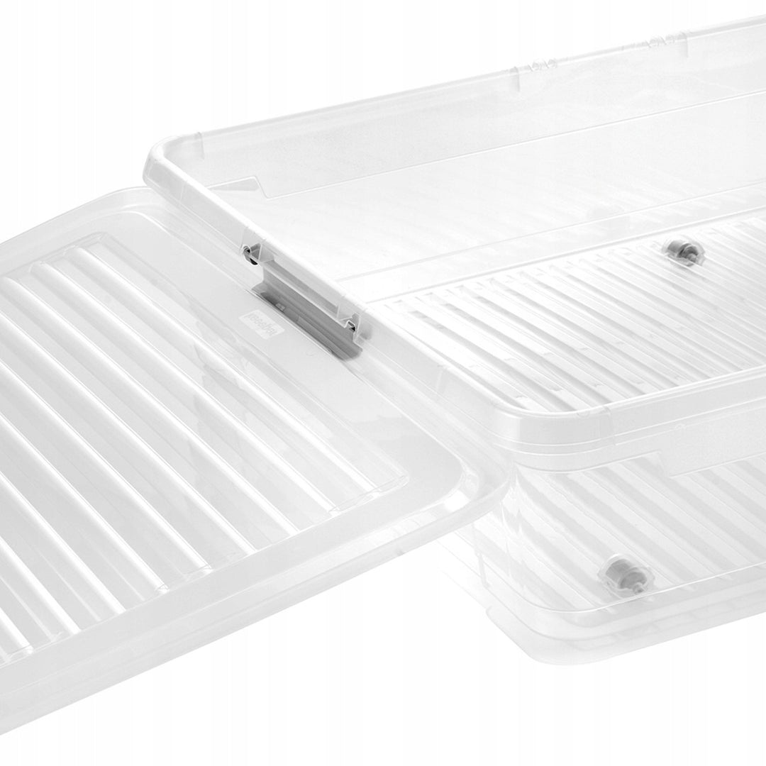 Leo Keeeper container with lid, 53L capacity, clear, with wheels, clip-on lid, 2 pieces