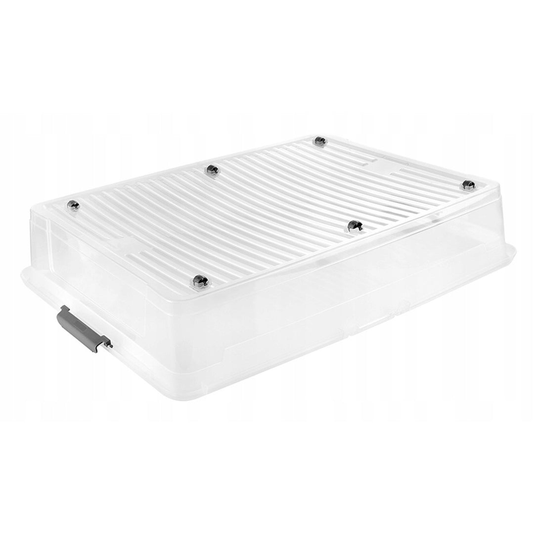 Leo Keeeper container with lid, 53L capacity, clear, with wheels, clip-on lid, set of 3