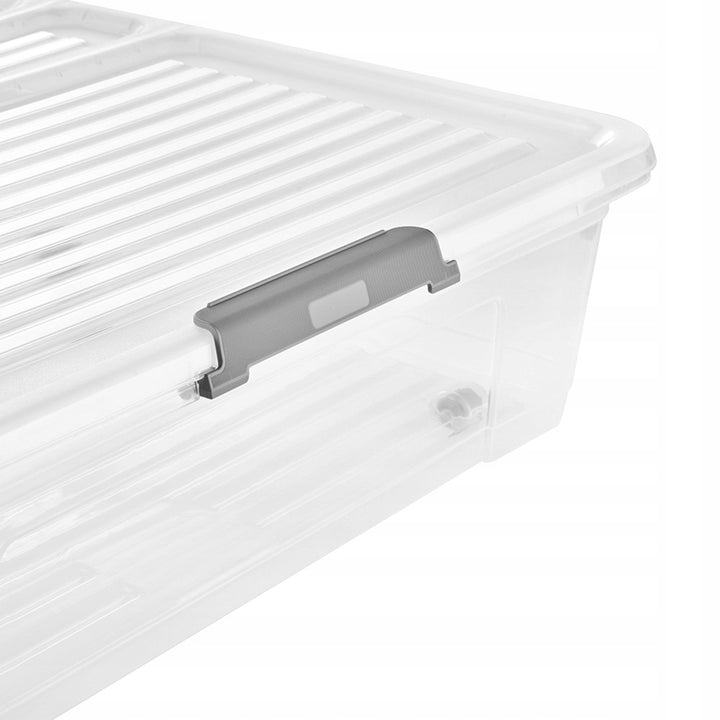 Leo Keeeper container with lid, 53L capacity, clear, with wheels, clip-on lid, set of 3