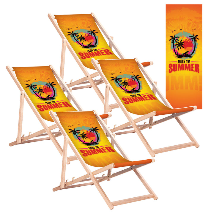 GreenBlue GB183 Classic Beech Wood Deck Chair with "Enjoy The Summer" Print, 4 pieces