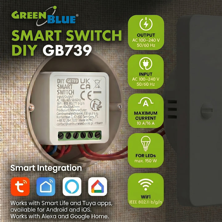 GreenBlue Flush-Mount WiFi Relay, Android/iOS/Alexa/Google Home, 100–240 V AC, 50/60 Hz, max. 16 A, for 150 W LEDs, GB739, 3 pieces