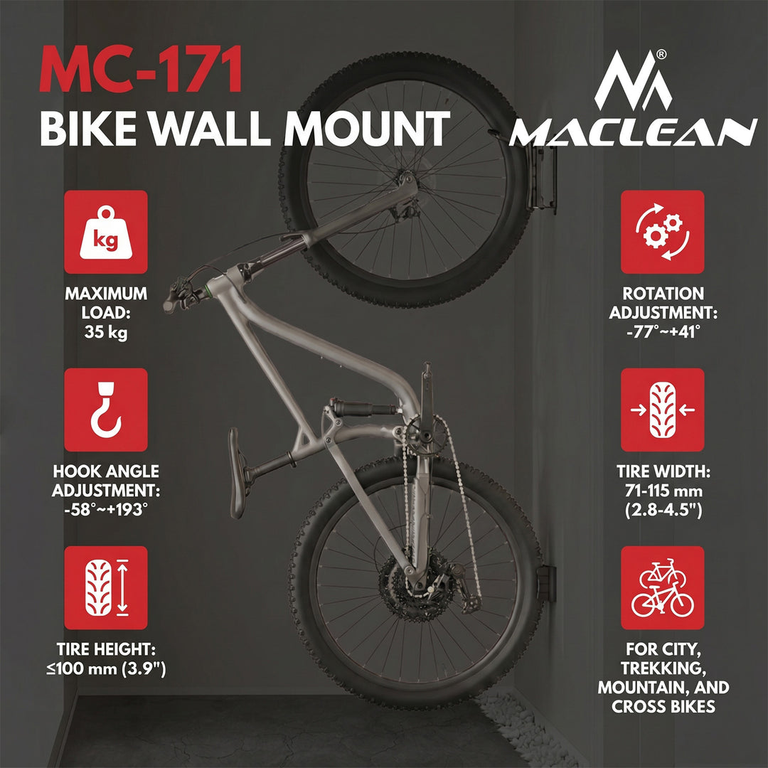 Maclean Wall-Mounted Bike Rack/Hanger, max. load 35 kg, adjustable tilt angle, steel, MC-171, 4 pieces