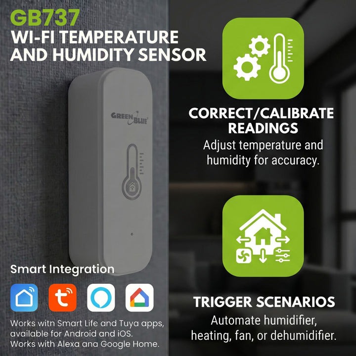 GreenBlue WiFi Temperature and Humidity Sensor, Android/iOS/Alexa/Google Home, 3.0V DC, LR03x2, GB737 (2 pieces) + 4x Varta Industrial 4003 AAA alkaline batteries