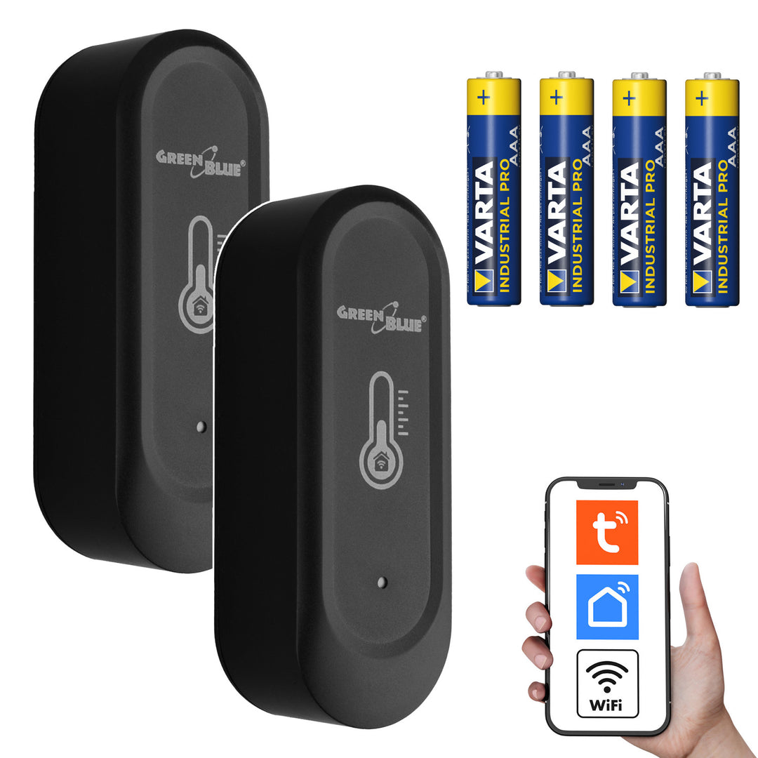 GreenBlue Outdoor WiFi Temperature and Humidity Sensor, Android/iOS, 3.0V DC, LR03x2, IP65, GB741 (2 pieces) + 4x Varta Industrial 4003 AAA Alkaline Batteries