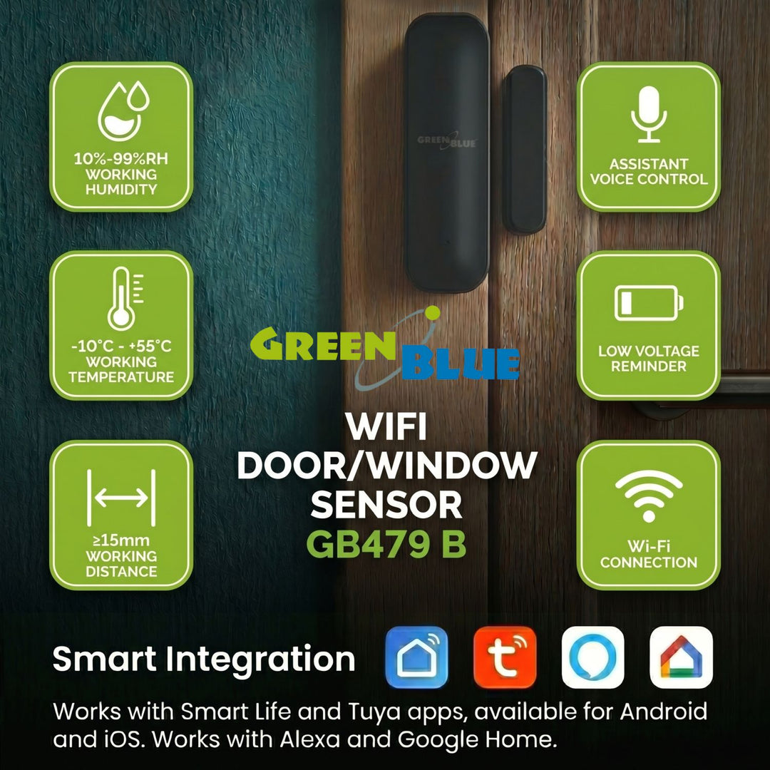 GreenBlue Wireless Reed Switch / WiFi Door/Window Sensor, Android/iOS, 3.0V DC, LR03x2, GB479 B (2 pieces) + 4x Varta Industrial 4003 AAA Alkaline Batteries
