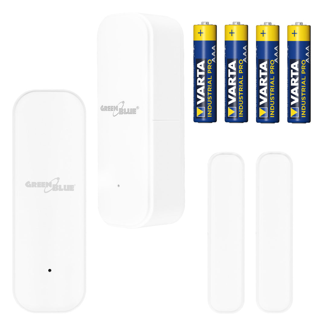 GreenBlue Wireless Reed Switch / WiFi Door/Window Sensor, Android/iOS, 3.0V DC, LR03x2, GB479 (2-pack) + 4x Varta Industrial 4003 AAA Alkaline Batteries