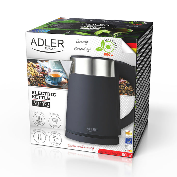 Adler Electric Kettle, Metal, 0.6 L, Quiet, 800 W, Black. AD 1372