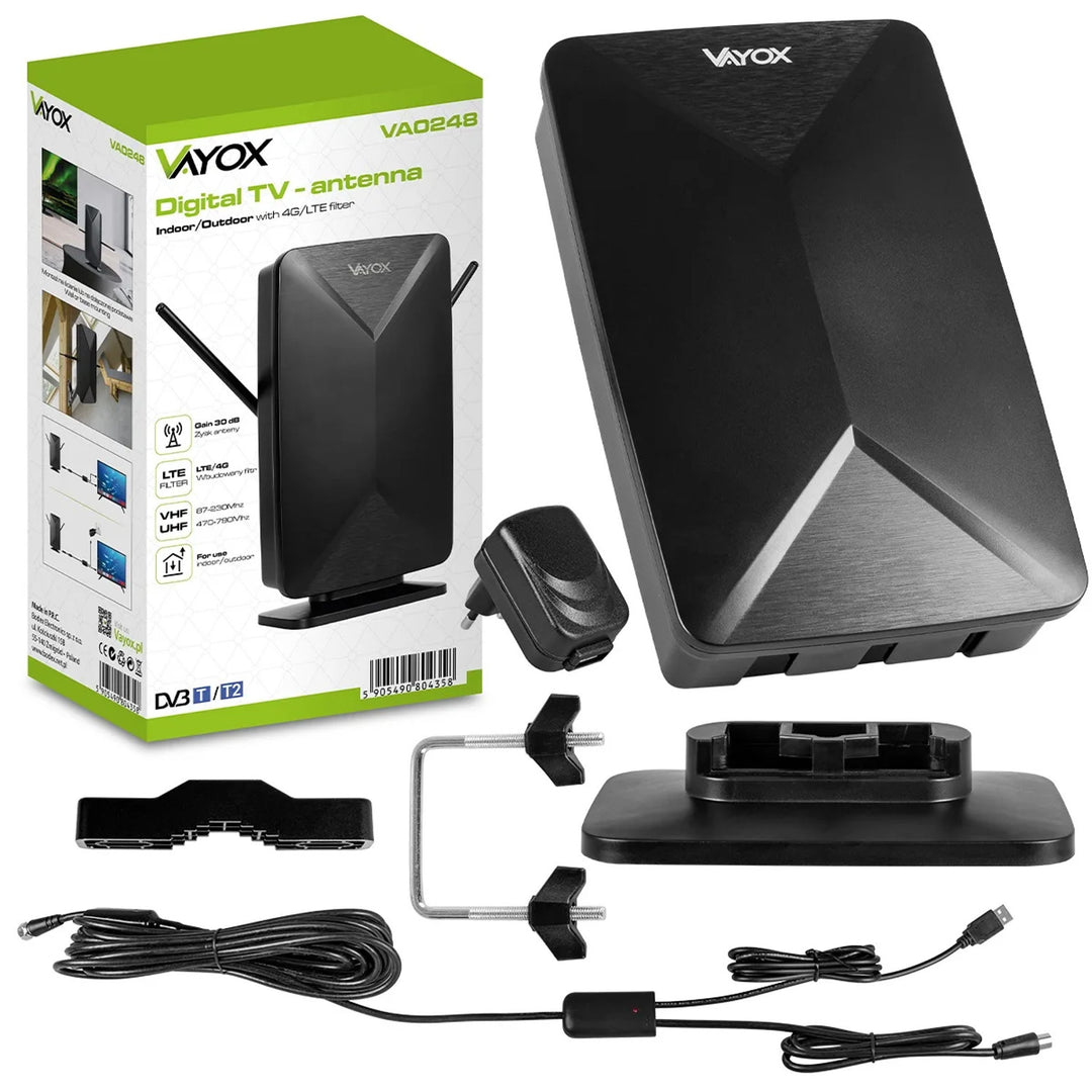 Active antenna, indoor, outdoor, DVB-T2, 4K terrestrial TV, Vayox