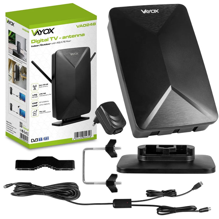 Active antenna, indoor, outdoor, DVB-T2, 4K terrestrial TV, Vayox