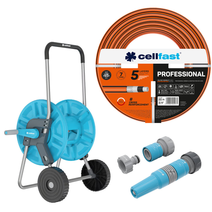 Cellfast Garden Hose, PROFESSIONAL 3/4" 20 m + Cellfast Aluplus Hose Cart 1/2" 60 m + Set with 3/4" IDEAL Straight Sprinkler