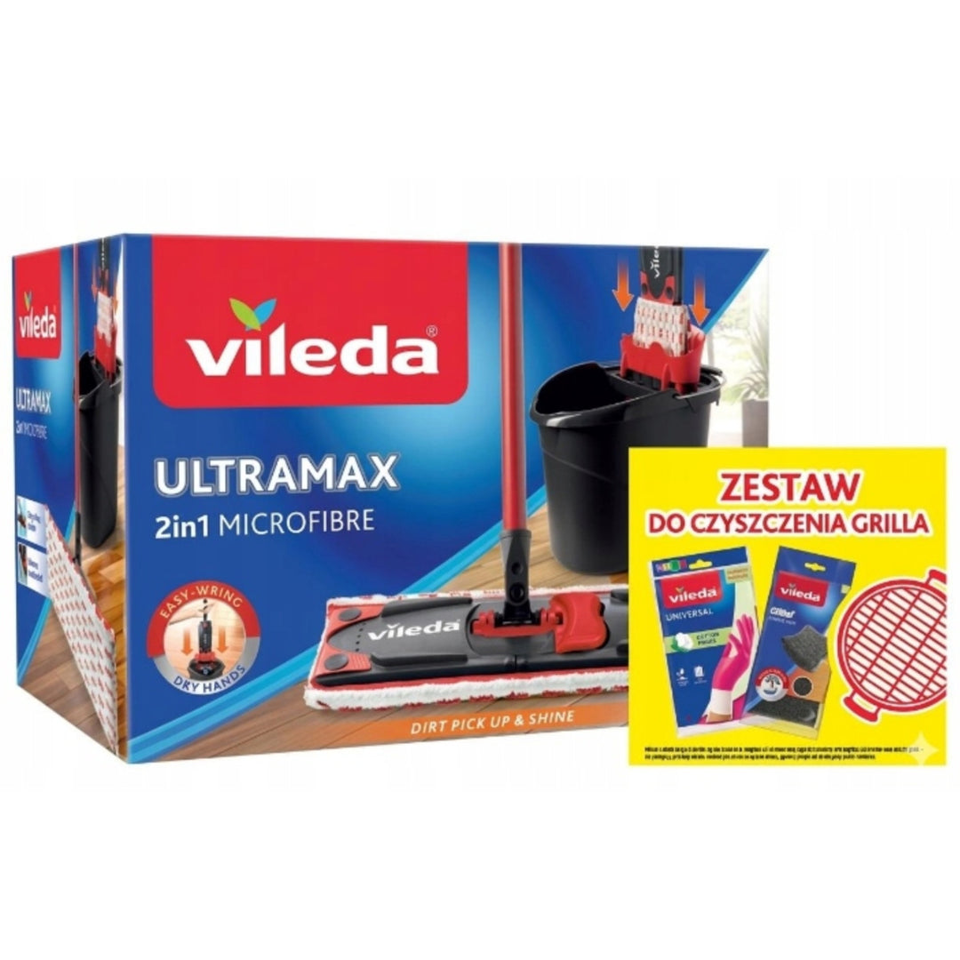 Ultramax Flat Mop Set + Universal Gloves + 2 Glitzi Scrub Sponges by Vileda, Touchless Wringing System, Two Types of Fibers, 177453
