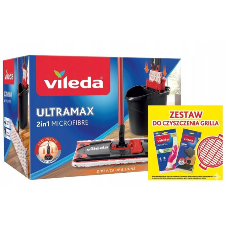 Ultramax Flat Mop Set + Universal Gloves + 2 Glitzi Scrub Sponges by Vileda, Touchless Wringing System, Two Types of Fibers, 177453