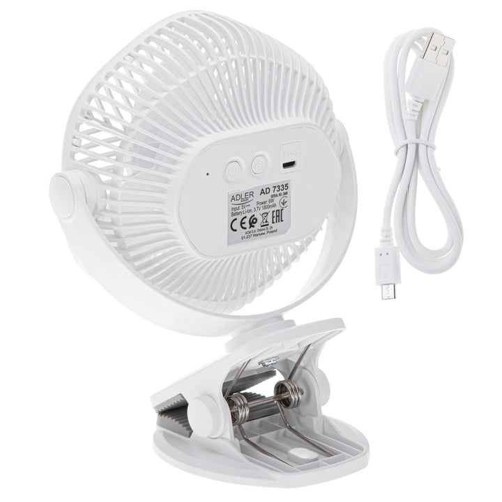 5"/12.7 cm Rechargeable Fan with Clip - USB / LED, AD 7335, Adler
