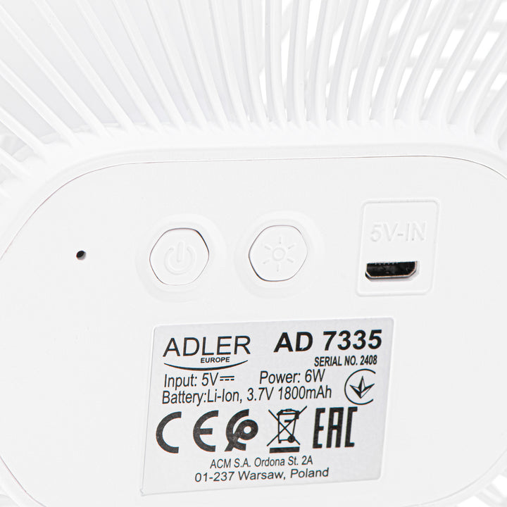 5"/12.7 cm Rechargeable Fan with Clip - USB / LED, AD 7335, Adler