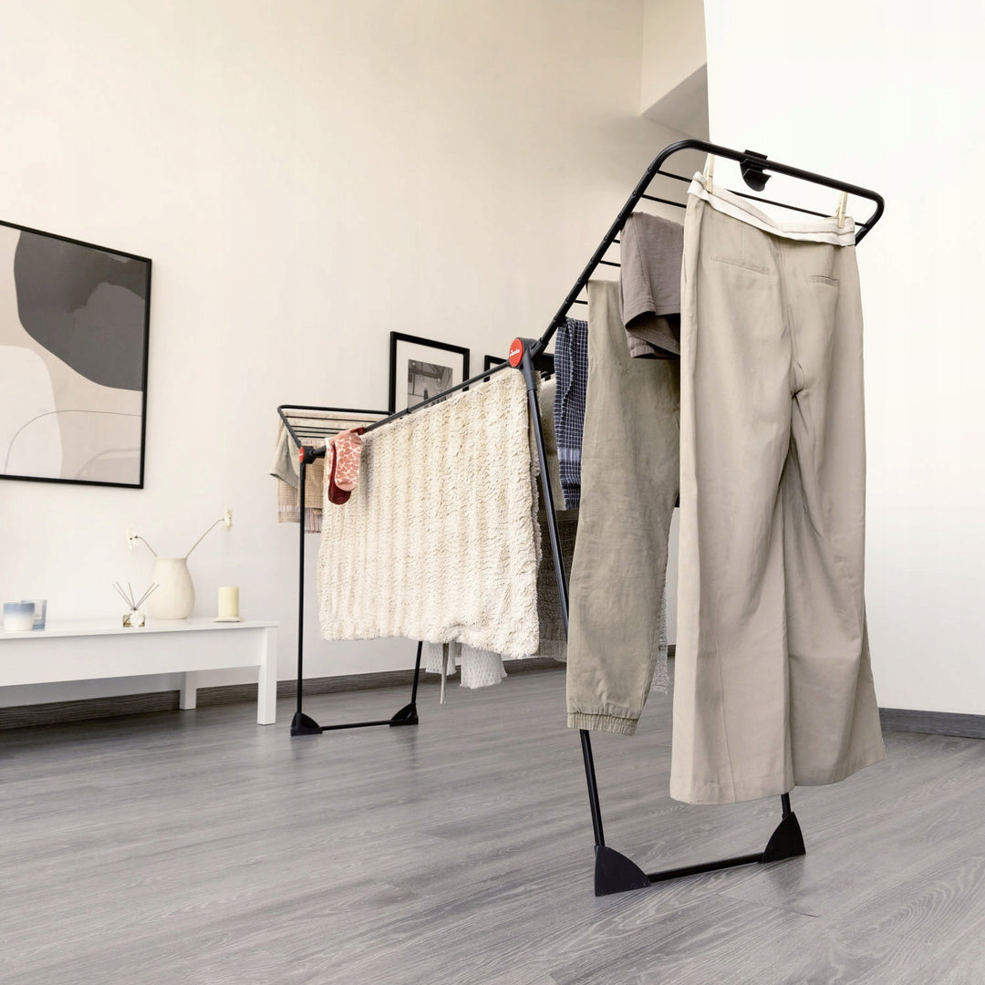 Vileda Infinity Flex Ultimate Clothes Drying Rack, black, up to 30 m of drying space, extendable, raised frame, laundry hooks, built-in casters, 179620