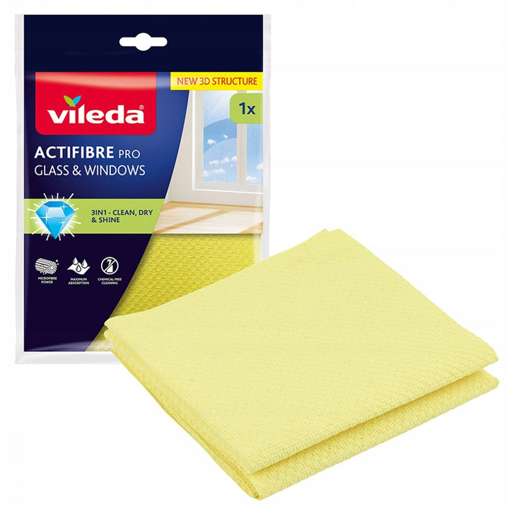 Vileda Actifibre Pro cloth for glass and windows, machine washable, PVA coating, leaves no streaks or water spots, cleans with just water, 183298