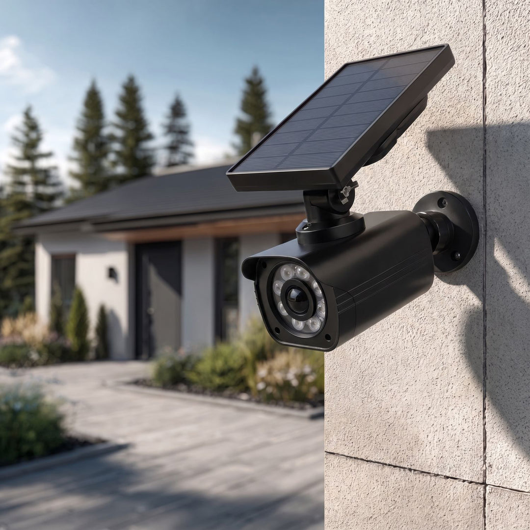 Solar-powered dummy camera, flashing LED, motion sensor, LED lighting, stickers included, SOL1800S/B, 4 pieces