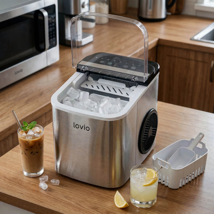 Lovio Crystal Ice Plus Home Ice Maker, Stainless Steel, Silver, Express Ice