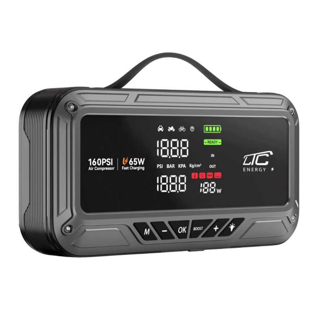 LTC Jump Starter, 12,000 mAh, with air compressor, flashlight, and power bank, LCD display, 65W power, cables and carrying case included, LXJS120