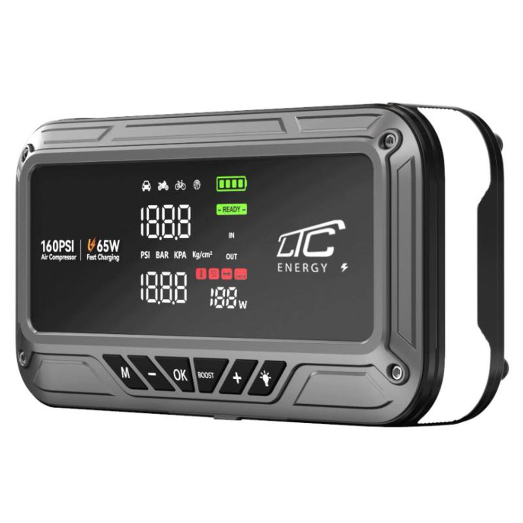 LTC Jump Starter, 12,000 mAh, with air compressor, flashlight, and power bank, LCD display, 65W power, cables and carrying case included, LXJS120