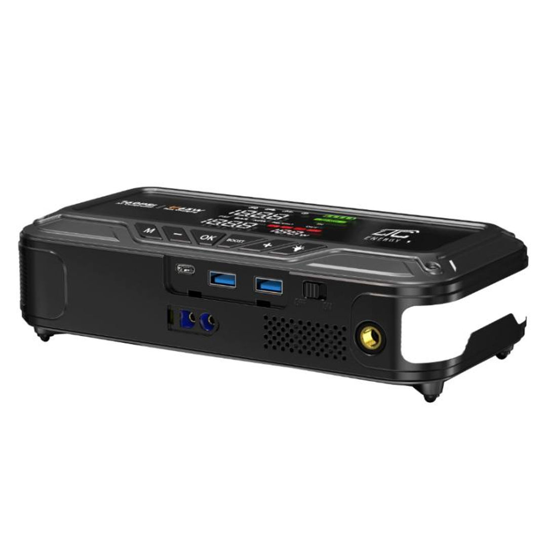 LTC Jump Starter, 12,000 mAh, with air compressor, flashlight, and power bank, LCD display, 65W power, cables and carrying case included, LXJS120