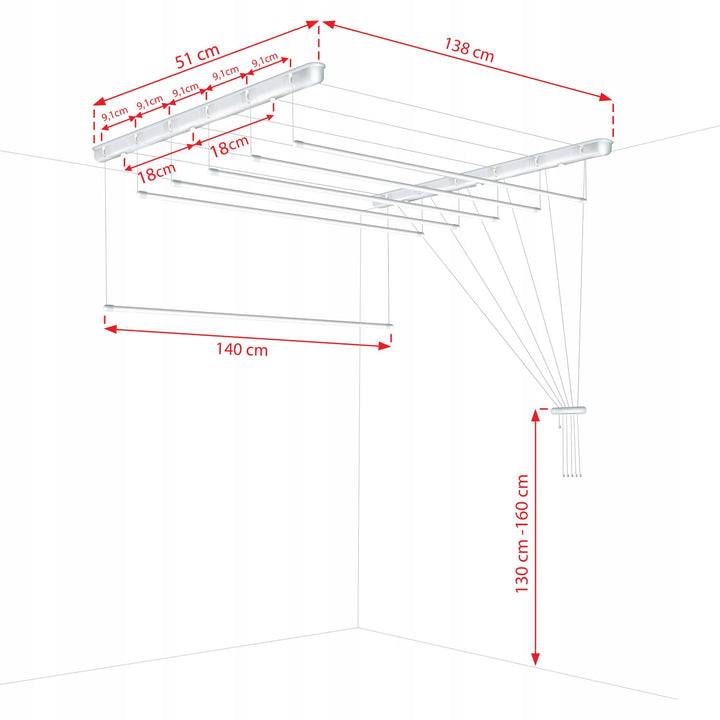 Ceiling-mounted clothes drying rack with 6 rods, 140 cm, drying area 8.4 m, Sepio