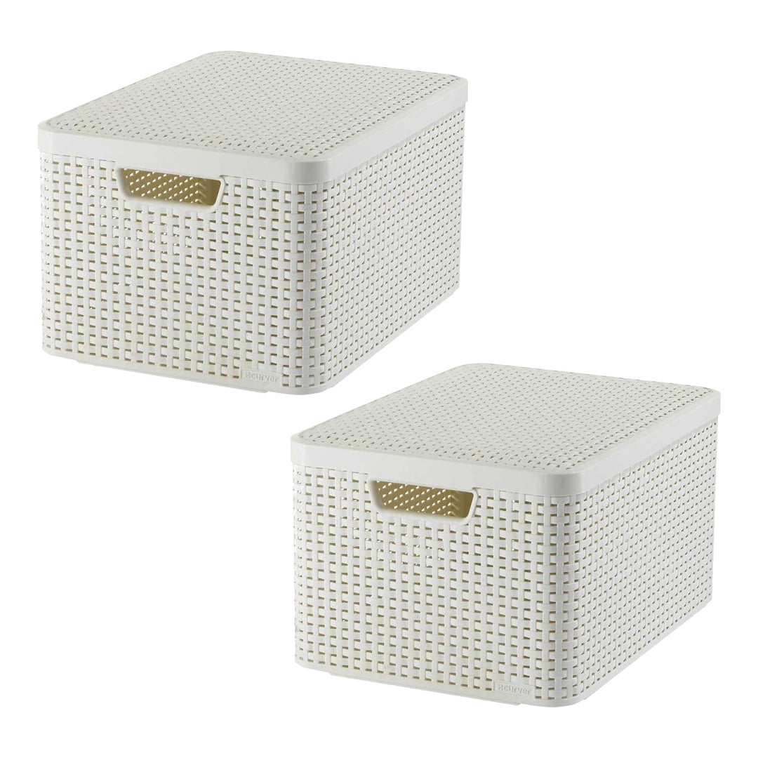 Curver Basket, Universal, with Lid, Cream, Rattan Style L, 2 pieces