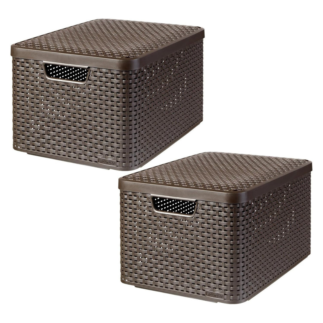 Curver Basket, Universal, with Lid, Brown, Rattan Style L, 2 pieces