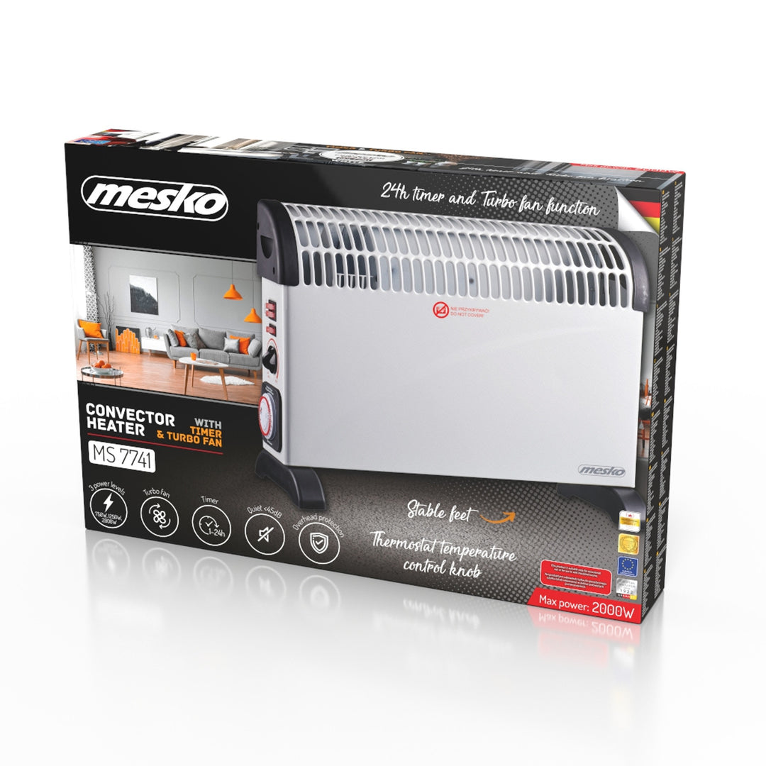 Electric convection heater, thermostat, 2000W, 24-hour timer, white, 150 cm cord, Mesko, MS 7741W