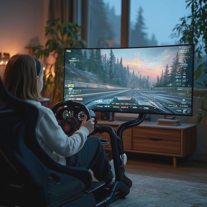 Racing Simulator Cockpit 3-in-1 Seat up to 130kg Shift lever holder Steering wheel stand TV mount up to 50" Max. Vesa 400x200 ...