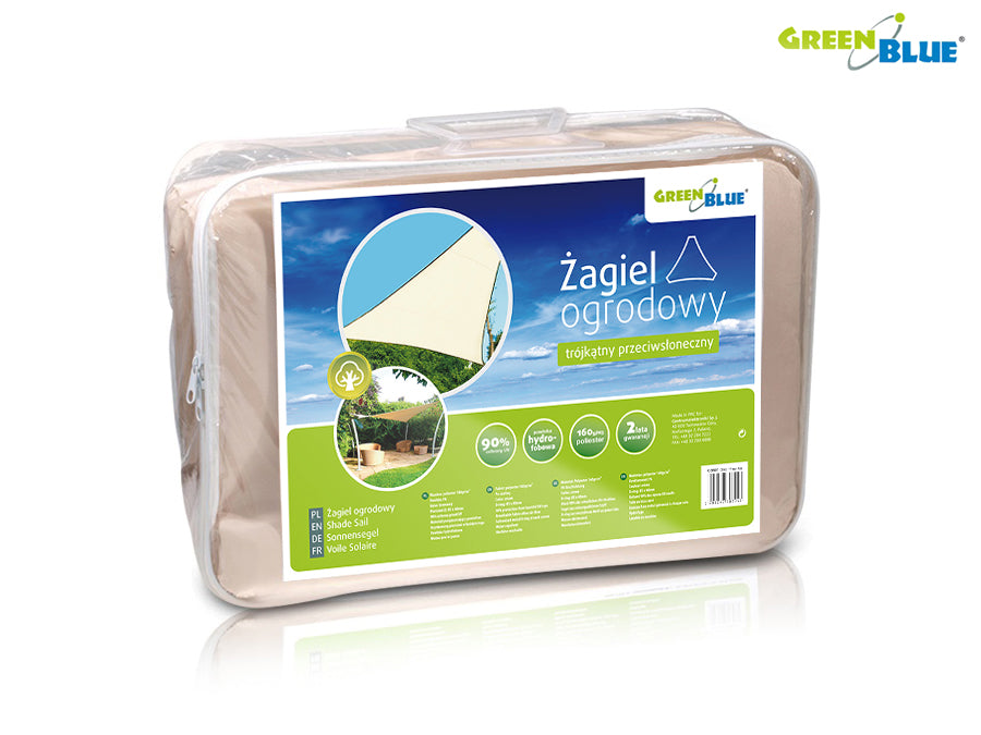 UV polyester garden shade sail 5m triangle GreenBlue GB502 cream.