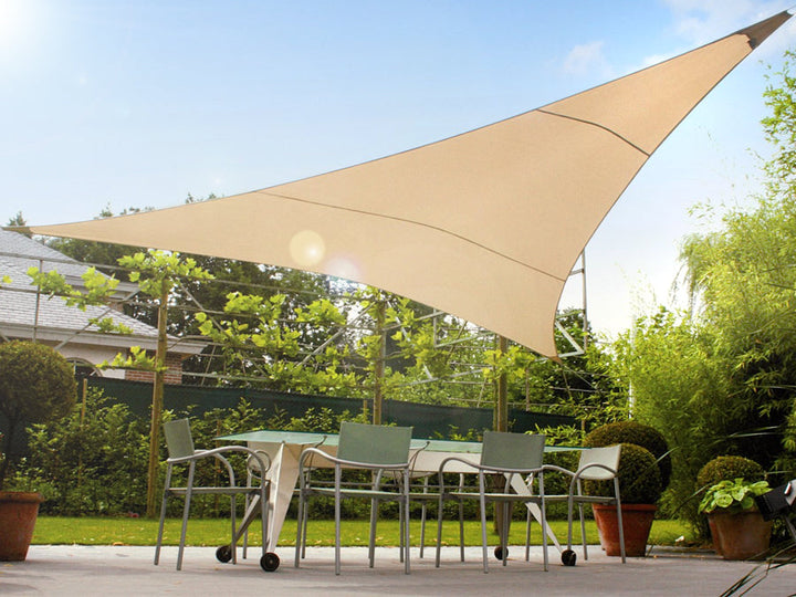 UV polyester garden shade sail 5m triangle GreenBlue GB502 cream.