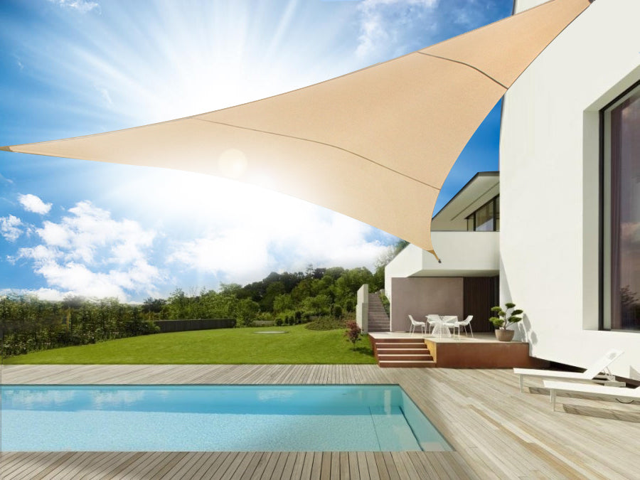 UV polyester garden shade sail 5m triangle GreenBlue GB502 cream.