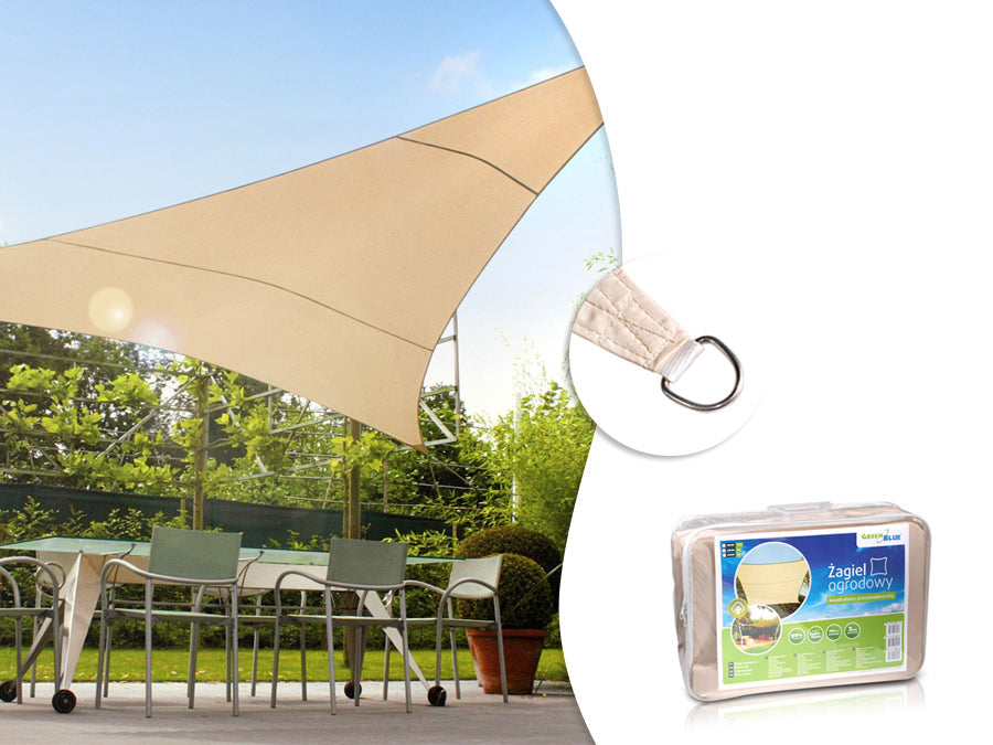 UV polyester garden shade sail 5m triangle GreenBlue GB502 cream.