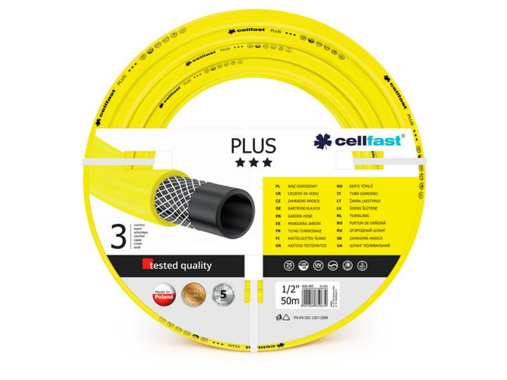 Cellfast 10-201 PLUS Garden Hose Pipe 1/2" 50m 3 Layers UV-Resistant Sturdy 25 Bar Algae Resistant