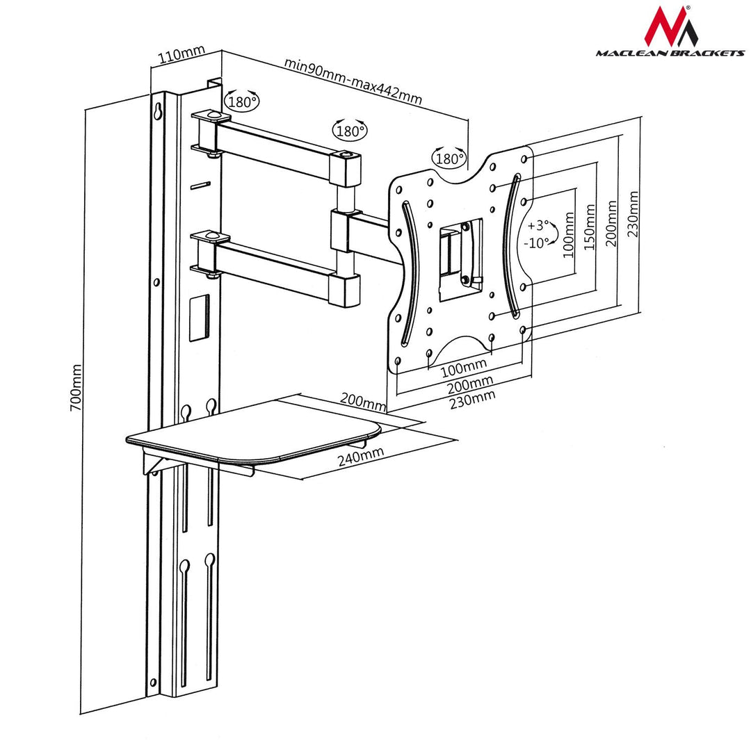 TV mount with DVD shelf Maclean, VESA 200x200, 23"-42", 30kg, MC-771