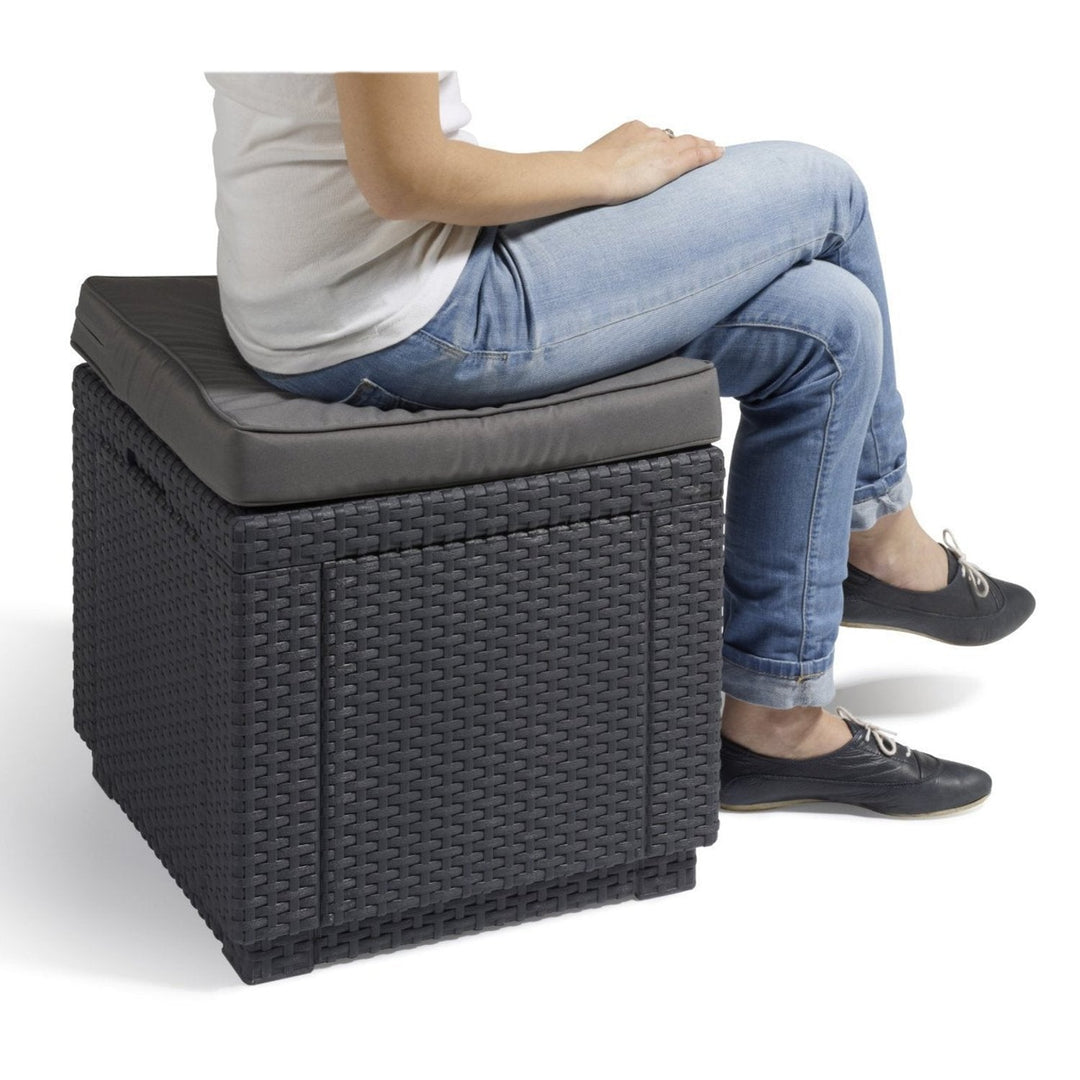 Keter Allibert Garden Cube Seat and Storage Box with Cushion, Polyrattan Structure, Grey