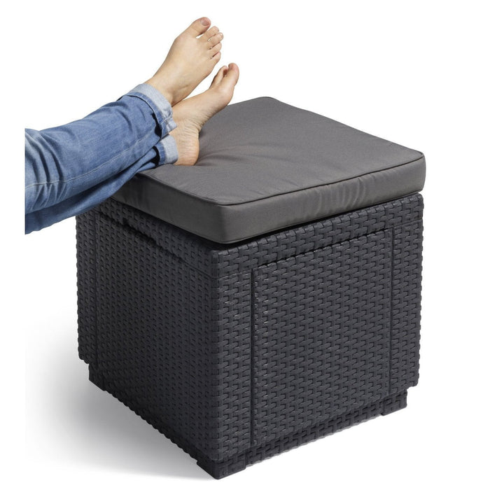 Keter Allibert Garden Cube Seat and Storage Box with Cushion, Polyrattan Structure, Grey