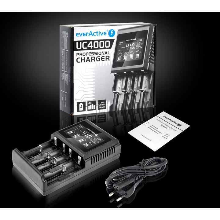 Charger for cylindrical Li-ion and Ni-MH everActive UC-4000 rechargeable batteries