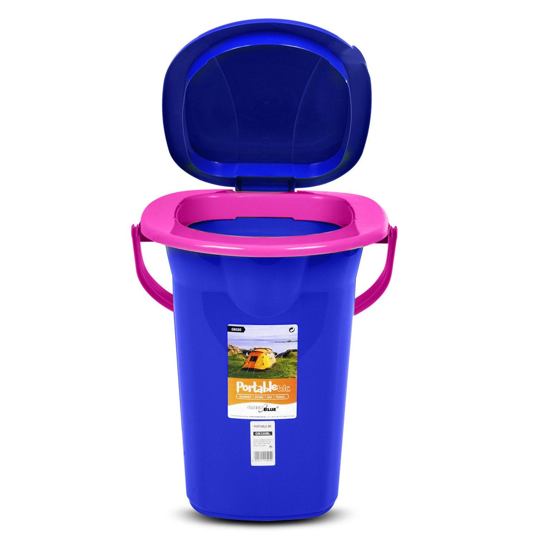 GreenBlue GB320BR 19L Portable Camping Toilet Bucket Travel Festival with Handle Detachable Seat - Navy Blue &amp; Pink
