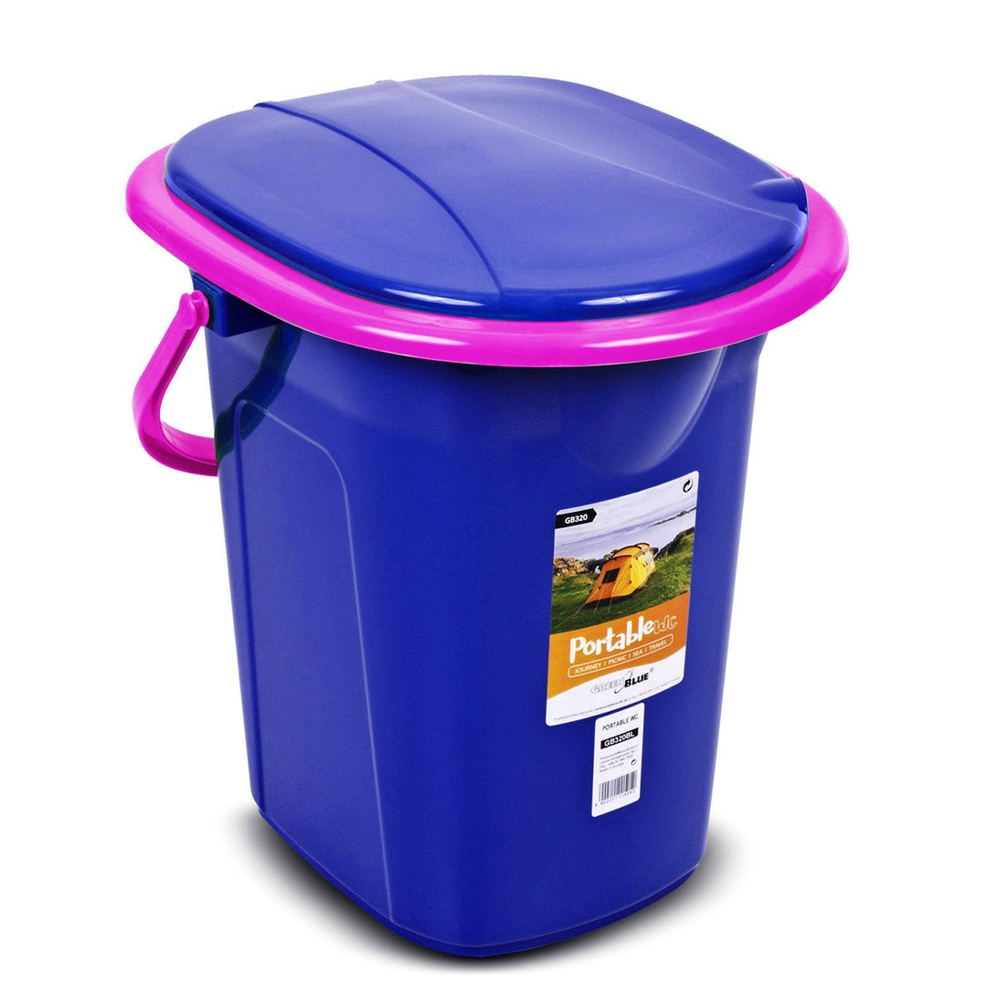 GreenBlue GB320BR 19L Portable Camping Toilet Bucket Travel Festival with Handle Detachable Seat - Navy Blue &amp; Pink