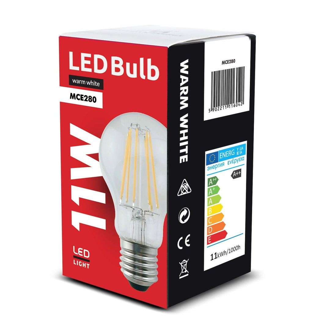 Maclean Energy MCE280 LED Filament Bulb E27, 11W 230V WW Warm White 3000K 1500lm Retro Edison Decorative A60