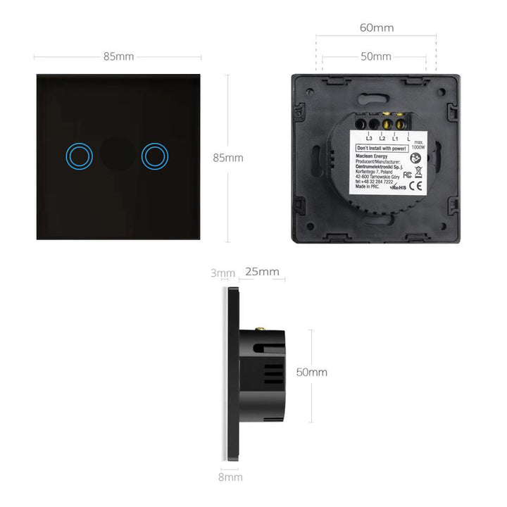 Maclean Energy MCE704B Touch light switch, double, glass, black with round button, dimensions 86x86mm, with button illumination