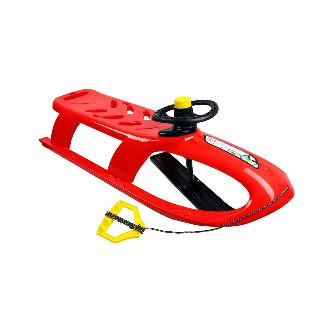 Plastic Kids Sledge with Skids & Steering Wheel Sled Rope Handle Winter Fun